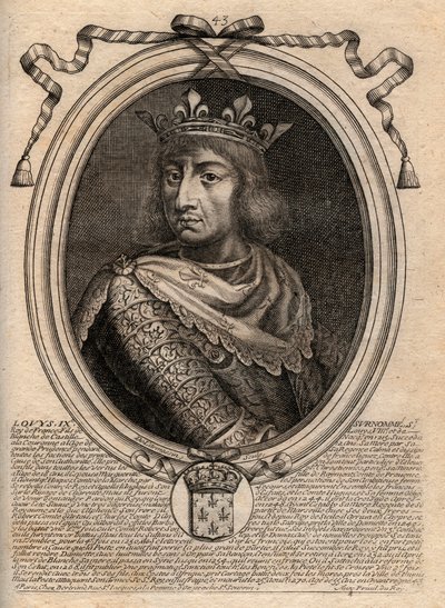 Muotokuva Saint Louisista (Saint-Louis, Louis IX (1214-1270) - Saint Louis IX (1214-70) Ranskan kuningas - kaiverrus teoksesta "Les Augustes: Kaikkien Ranskan kuninkaiden esitykset Pharamondista LouisXIV:hen", Pariisi tekijältä de Larmessin