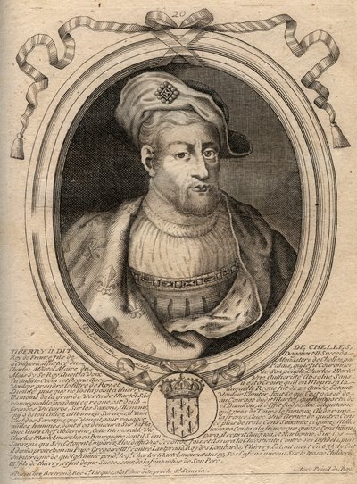 Muotokuva frankkien kuninkaan Thierry IV:stä (713-737) 721-737 - THIERRY IV (Theodoric) frankkien kuningas - kaiverrus teoksesta "Les Augustes Representations de tous les Kings de France from Pharamond to LouisXIV", Pariisi tekijältä de Larmessin