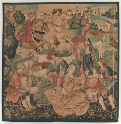 Metsästys- ja pastoraalisuuskohtaukset, jossa seppeleen pukeutunut sankari naisten välissä tekijältä design probably French 16th Century, Paris; woven in southern Netherlands or Paris in an undetermine workshop