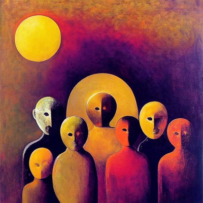 Abstrakti joukko ilmeikkäitä kasvoja, kuvaannollista surrealismia tekijältä F. Abderrahim