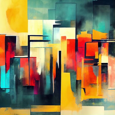 Abstrakteja muotoja lämpiminä väreinä punainen ja oranssi, seinätaideprinttejä tekijältä F. Abderrahim