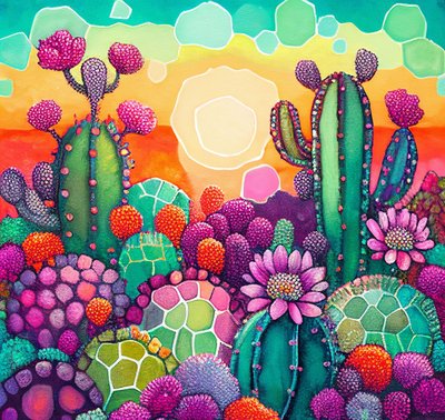 Desert Bloom: värikäs abstrakti maalaus auringonlaskusta kaktustasangoilla tekijältä F. Abderrahim