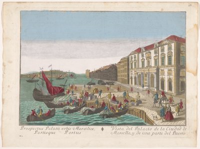 Gezicht op het Stadhuis en de haven te Marseille Näkymä Marseillen kaupunginpalatsille ja osalle satamaa (otsikko esineessä) tekijältä familie Remondini (attributed to)