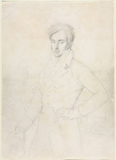 Muotokuva nuoresta miehestä seisomassa Quirinalilla, taustalla Turris Comitum tekijältä follower of Jean Auguste Dominique Ingres