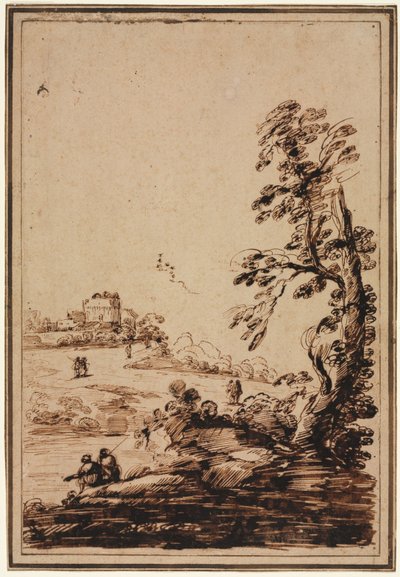Maisema pienellä rakennusryhmällä tekijältä imitator of Guercino