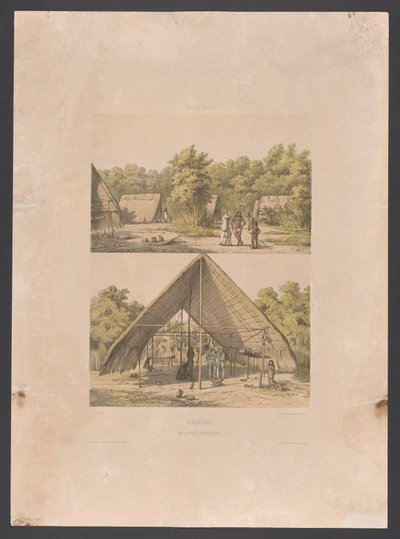 Arowakin leiri Surinamessa Suriname. Arowakka Indian Camp (otsikko esineessä) Länsi-Intia (sarjan nimi esineellä) Näkymiä Alankomaiden Länsi-Intialta (sarjan nimi) tekijältä jonkheer Jacob Eduard van Heemskerck