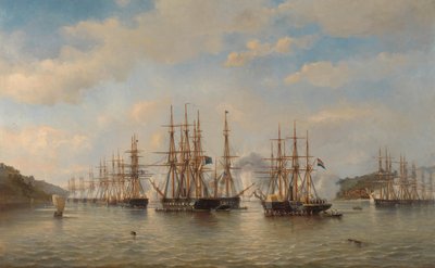 Hollantilaiset, englantilaiset, ranskalaiset ja amerikkalaiset laivueet Japanin vesillä ranskalaisen komentajan Constant Jaurèsin johtaman tutkimusmatkan aikana syyskuussa 1864 tekijältä jonkheer Jacob Eduard van Heemskerck
