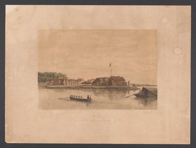 Fort Zeelandia Paramaribossa Suriname. Näkymä Fort Zelandiaan Paramaribossa (otsikko esineessä) Länsi-Intia (sarjan nimi esineellä) Näkymiä Alankomaiden Länsi-Intialta (sarjan nimi) tekijältä jonkheer Jacob Eduard van Heemskerck
