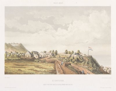 Näkymä Fort Oranjelle ja De Kraterille St. Eustatiuksella Näkymiä Alankomaiden Länsi-Intialta (sarjan nimi) tekijältä jonkheer Jacob Eduard van Heemskerck
