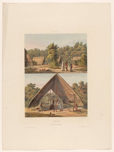 Arowaksin leiri Suriname. Arowakka Indian Camp (otsikko esineessä) tekijältä jonkheer Jacob Eduard van Heemskerck