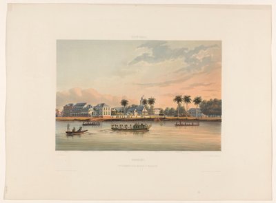 Waterfront ja kuvernöörin talo Paramaribossa Suriname. Hallituksen talo ja aukio Paramaribossa (otsikko esineessä) tekijältä jonkheer Jacob Eduard van Heemskerck