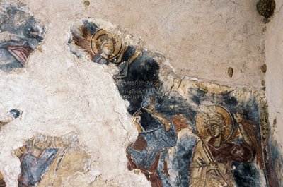 Enkeli ja pyhimys, yksityiskohta freskosta Agios Georgios Apodouloun kirkossa, Apodoulou, Kreeta, Kreikka (kuva) tekijältä Theodore Charles Ange Coquelin