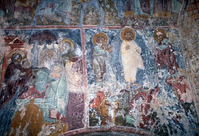 Kristus ja pyhät, fresko bysanttilaisessa Sotiras Christoksen kirkossa, Vlithias, Kreeta, Kreikka (kuva) tekijältä Theodore Charles Ange Coquelin