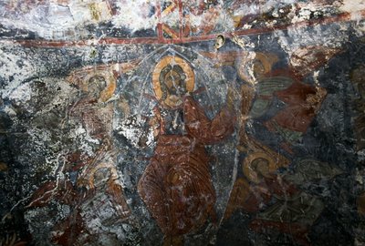 Kristus enkelien ja pyhimyksen kanssa, fresko Panagian kirkossa, Kitiros, Kreeta, Kreikka (kuva) tekijältä Theodore Charles Ange Coquelin