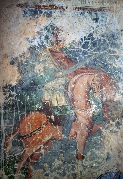 Mies hevosen selässä miekalla, fresko bysanttilaisessa Agios Athanasiosin kirkossa, Kefali, Kreeta, Kreikka (kuva) tekijältä Theodore Charles Ange Coquelin