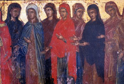 Hurskaat naiset, puupaneeli bysanttilaisessa Palea Roumatan kirkossa, Kreetalla, Kreikassa (kuva) tekijältä Theodore Charles Ange Coquelin