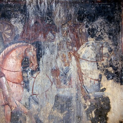 Pyhä hevosen selässä, fresko kirkossa Palaia Roumatassa, Kreeta, Kreikka (kuva) tekijältä Theodore Charles Ange Coquelin