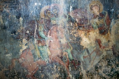 Pyhät hevosen selässä, fresko bysanttilaisessa Agios Athanasiosin kirkossa, Kefali, Kreeta, Kreikka (kuva) tekijältä Theodore Charles Ange Coquelin