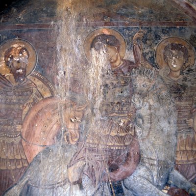 Pyhät hevosen selässä, fresko kirkossa Kandanosissa, Kreeta, Kreikka, Yksityiskohta (kuva) tekijältä Theodore Charles Ange Coquelin