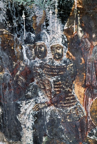 Sotilas, vaurioitunut fresko Agios Vasileiosin kirkon katossa, Vavouledo, Kreeta, Kreikka (kuva) tekijältä Theodore Charles Ange Coquelin