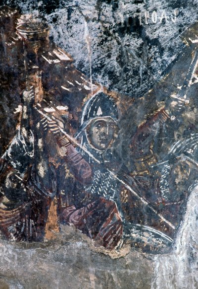 Sotilas, vaurioitunut fresko Agios Vasileiosin kirkon katossa, Vavouledo, Kreeta, Kreikka (kuva) tekijältä Theodore Charles Ange Coquelin