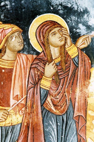 St Longinus ja Mary, Ristiinnaulitsemiskohtaus, fresko Mikro Sotiris -luostarissa, Symin saari, Kreikka (kuva) tekijältä Theodore Charles Ange Coquelin