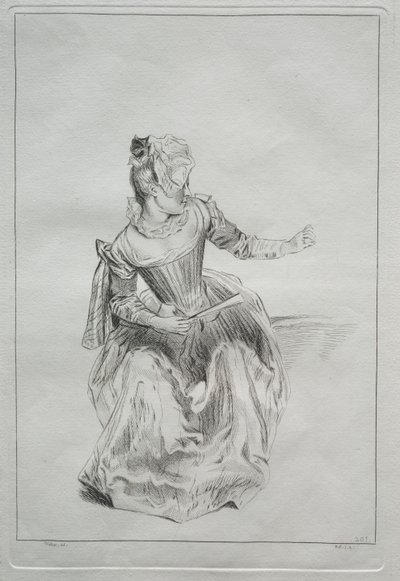Nainen pitelee tuuletinta tekijältä possibly by Benoit II Audran