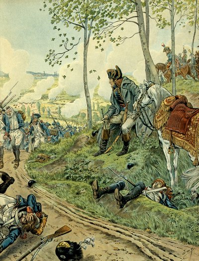 Italian kampanja (1799-1800): Napoleon I Bonaparte (1769-1821) Marengon taistelussa 14. kesäkuuta 1800 Piemontissa (Italia) vastustaen Napoleonin ja Itävallan armeijaa. Kuvitus: Jacques Marie Gaston Onfray de Breville dit JOB (1858-1931). Yksityinen C tekijältä pseudonym for Onfray de Breville Jacques Job