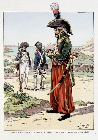 Päällikkökenraalin kaartin kapellimestari St Domingossa vuonna 1802 - teoksessa "Ranskan joukkojen varusteet: maa- ja meriarmeijat kaikkina aikoina", ill. kirjoittanut Job tekijältä pseudonym for Onfray de Breville Jacques Job
