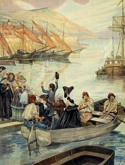 Lähti Ajacciosta Korsikalta 15. joulukuuta 1778; Charles Bonaparte (1746-1785) purjehti Marseilleen poikiensa Joseph Bonaparten (1768-1844) ja Napoleon I Bonaparten (1769-1821) ja lankonsa Joseph Feschin (1763-1839) kanssa Versaillesiin. Il tekijältä pseudonym for Onfray de Breville Jacques Job