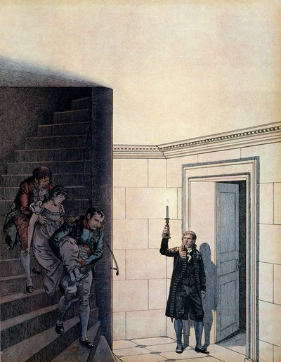 Keisari Napoleon I Bonaparte (1769-1821) ja hänen kamariherransa vuonna 1809 avioeroilmoituksen jälkeen keisari Josephine (1763-1814) olivat kadonneet makuuhuoneeseensa. Georges Montorgueilin teoksessa "Napoleon". Kuvitus: Jacques Marie Gaston Onfray tekijältä pseudonym for Onfray de Breville Jacques Job