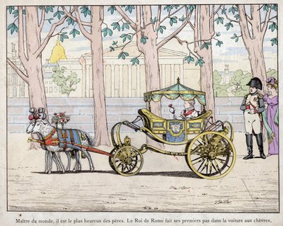 Keisari Napoleon I Bonaparte (1769-1821) poikansa prinssi Napoleon Francois Charles Joseph Bonaparten kanssa, josta tuli Rooman kuningas Napoleon II, jota myöhemmin kutsuttiin myös Aigloniksi – Napoleon katselee Italian kuningasta (Napoleon II) ottavan ens tekijältä pseudonym for Onfray de Breville Jacques Job