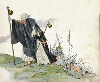 Ensimmäinen ristiretki: Pietari Erakko (1050-1115) johtaa ristiretken huutoon "Jumala tahtoo!" . Hänellä on takki yllään, hän lyö ristillä ja kädessään peleriinibumble. Pieni tyttö, joka symboloi Ranskaa, seuraa häntä. "" Ranskassa, hänen tarinansa kertoi  tekijältä pseudonym for Onfray de Breville Jacques Job
