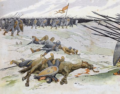 Ranskan ja Englannin sota (1202-1214): Sotilaat, jotka kuolivat Bouvinesin taistelussa 27.7.1214, joka vastusti Philippe Augusten ranskalaista armeijaa Othon IV:n flaamilaisia ja Welfiä vastaan. teoksessa "Ranska, sen tarinan kertoi G. Montorgueil, kuva Jo tekijältä pseudonym for Onfray de Breville Jacques Job