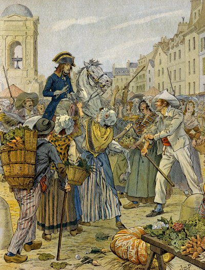 Ranskan vallankumous 1789: Napoleon I Bonaparte (1769-1821) asettui vallankumouksellisen väestön puolelle ja ilman pikkuhousuja (ilman pikkuhousuja) Les Hallesissa. Kuvitus: Jacques Marie Gaston Onfray de Breville dit JOB (1858-1931). Yksityinen kokoelma tekijältä pseudonym for Onfray de Breville Jacques Job