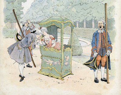Ranskalainen urhoollisuus 1700-luvulla: nuori mies suutelee naisen kättä pyörätuolissa. teoksessa "Ranska, hänen tarinansa kertoi G. Montorgueil, kuvan toi Job" 1896. Yksityinen kokoelma. tekijältä pseudonym for Onfray de Breville Jacques Job
