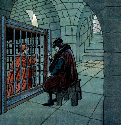 Ranskan kuningas Ludvig XI vierailemassa kardinaali Jean de la Baluen vangin luona häkissä Lochen vankilassa tekijältä pseudonym for Onfray de Breville Jacques Job