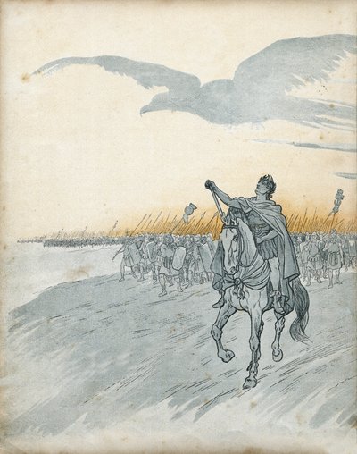 Gallin sota: Gaius Julius Caesar (silloin Jules cesar) (100-44 eKr.) ja hänen armeijansa hyökkäävät Galliaan. Taivaalle ilmestyy kotkan varjo, Rooman valtakunnan symboli. teoksessa "Ranska, hänen tarinansa kertoi G. Montorgueil, kuvannut Job" 1896. Yksityi tekijältä pseudonym for Onfray de Breville Jacques Job
