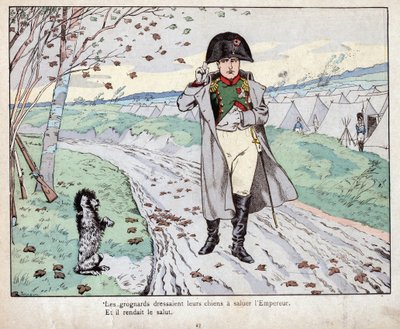 Grognards (Napoleon Bonaparten vanha vartija) koulutti koiransa tervehtimään keisaria - Jobin (Jacques Onfroy de Breville) litografia elokuvasta "" Le Grand Napoleon des Petites Enfants"" vuodelta 1893 tekijältä pseudonym for Onfray de Breville Jacques Job