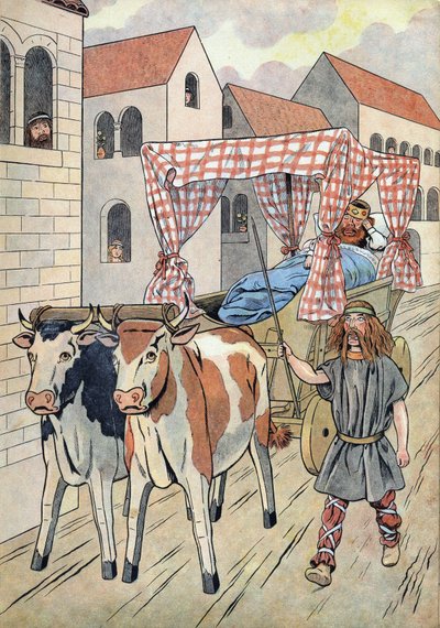 Ranskan historia. Kohtaus, joka kuvaa laiskoja kuninkaita leluissa: Ranskan kuningas Thierry III (673-691) kantaa säiliössä härän vetämää sänkyä. "" Joujoux a l