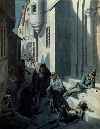 Ranskan historia keskiajalla (keskiaika): Francois de Montcorbier tunnetaan nimellä Francois Villon (1431-1463?), runoilija, joka sävelsi teoksiaan Pariisin katujen kurjuudessa. Kuvitus: Jacques Marie Gaston Onfray de Breville dit JOB (1858-1931) tekijältä pseudonym for Onfray de Breville Jacques Job