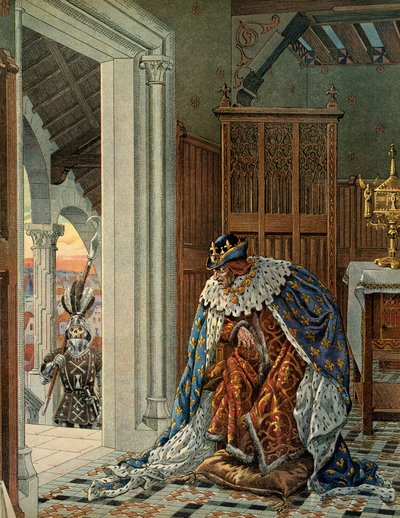 Ranskan historia keskiajalla (keskiaika): Ranskan kuningas Ludvig XI sanoo, että Varovainen (1423-1483) pelkää kuolemaa, joka tulee haarniskan kynnyksellä. Kuvitus: Jacques Marie Gaston Onfray de Breville dit JOB (1858-1931) tekijältä pseudonym for Onfray de Breville Jacques Job