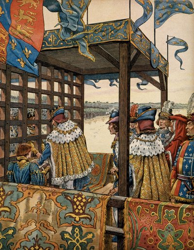 Ranskan historia keskiajalla (keskiaika): Ranskan kuninkaan Ludvig XI:n, joka tunnetaan nimellä Varovainen (1423-1483) ja Englannin Edward IV:n (1442-1483) tapaaminen Picquignyssä seitsemän vuoden pykälän allekirjoittamiseksi elokuun 29 päivänä tekijältä pseudonym for Onfray de Breville Jacques Job