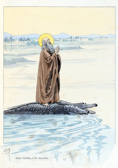Kuvitus kirjasta "A la Glory des Betes" A Fabren teksti, piirustukset Jacques Marie Gaston Onfray de Breville dit JOB (1858-1931), toimittaja Maison Alfred Mame et fils: Saint Pacome (abbe 292-348) ja Krokotiilit, yksityinen kokoelma tekijältä pseudonym for Onfray de Breville Jacques Job