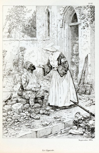 Kuvitus kirjasta "La Grande Guerre par les artistes": "" La cigarette Septembre 1914""" uskonnollinen, joka antaa savukkeen haavoittuneelle sotilaalle, Jacques Marie Gaston Onfray de Breville dit JOB (1858-1931), Osittainen kokoelma tekijältä pseudonym for Onfray de Breville Jacques Job