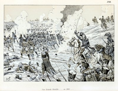 Kuvitus kirjasta "The Great War by Artists": Suuri taistelu vuonna 1815, Jacques Marie Gaston Onfray de Breville dit JOB (1858-1931), Osittainen kokoelma tekijältä pseudonym for Onfray de Breville Jacques Job