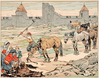 Kuvitus kirjasta "" Le bon roy Henri", kuvittanut Jacques Marie Gaston Onfray de Breville dit JOB (1858-1931): Pariisilaiset teurastavat nälkäisiä hevosia - Yksityinen kokoelma tekijältä pseudonym for Onfray de Breville Jacques Job