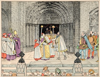 Kuva otettu kirjasta "Le bon roy Henri", kuvittanut Jacques Marie Gaston Onfray de Breville dit JOB (1858-1931): Henri IV, Basilica Saint Denis hylkää uskontonsa ja käännynnäiset - Yksityinen kokoelma tekijältä pseudonym for Onfray de Breville Jacques Job