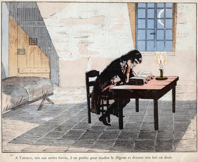 Valenciassa (vankilassa) Napoleon käyttää sitä hyväkseen opiskellakseen Digestiä ja tullakseen erittäin vahvaksi laissa - Napoleon luki Digesteen ja vahvisti lain tuntemustaan - Jobin (Jacques Onfroy de Breville) litografia "" Le Grand Napoleon des Petites tekijältä pseudonym for Onfray de Breville Jacques Job