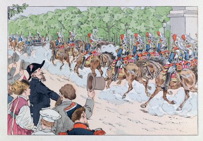 Jacques Marie Gaston Onfray de Brevillen TYÖSSÄ (1858 - 1931); Kuvitus kirjasta "Les epees de France": Keisari Napoleonin saattaja 3 Champs Elysees